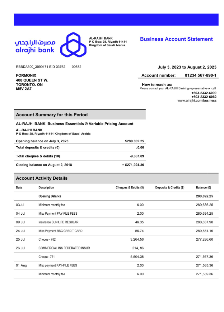 Modèle Word et PDF de relevé de compte de la société Al Rajhi Bank